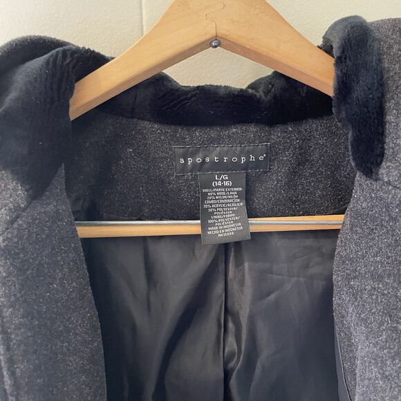 Apostrophe‎ Wool Blend Coat Womens L Black fur Trim Lined Hooded Zip penny lane - Picture 7 of 9